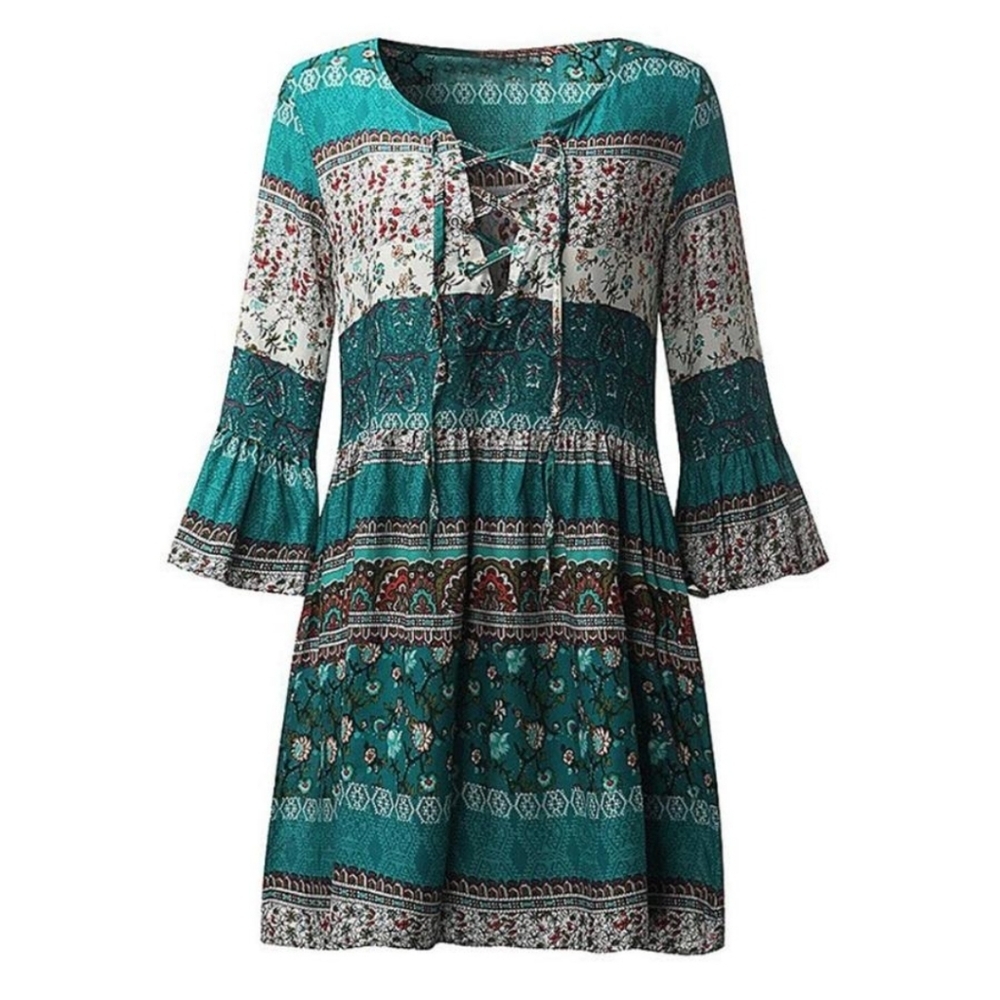 Mokingtop Women's Bohemian Floral  V-neck tied up 3/4 Bell Sleeve Dress M